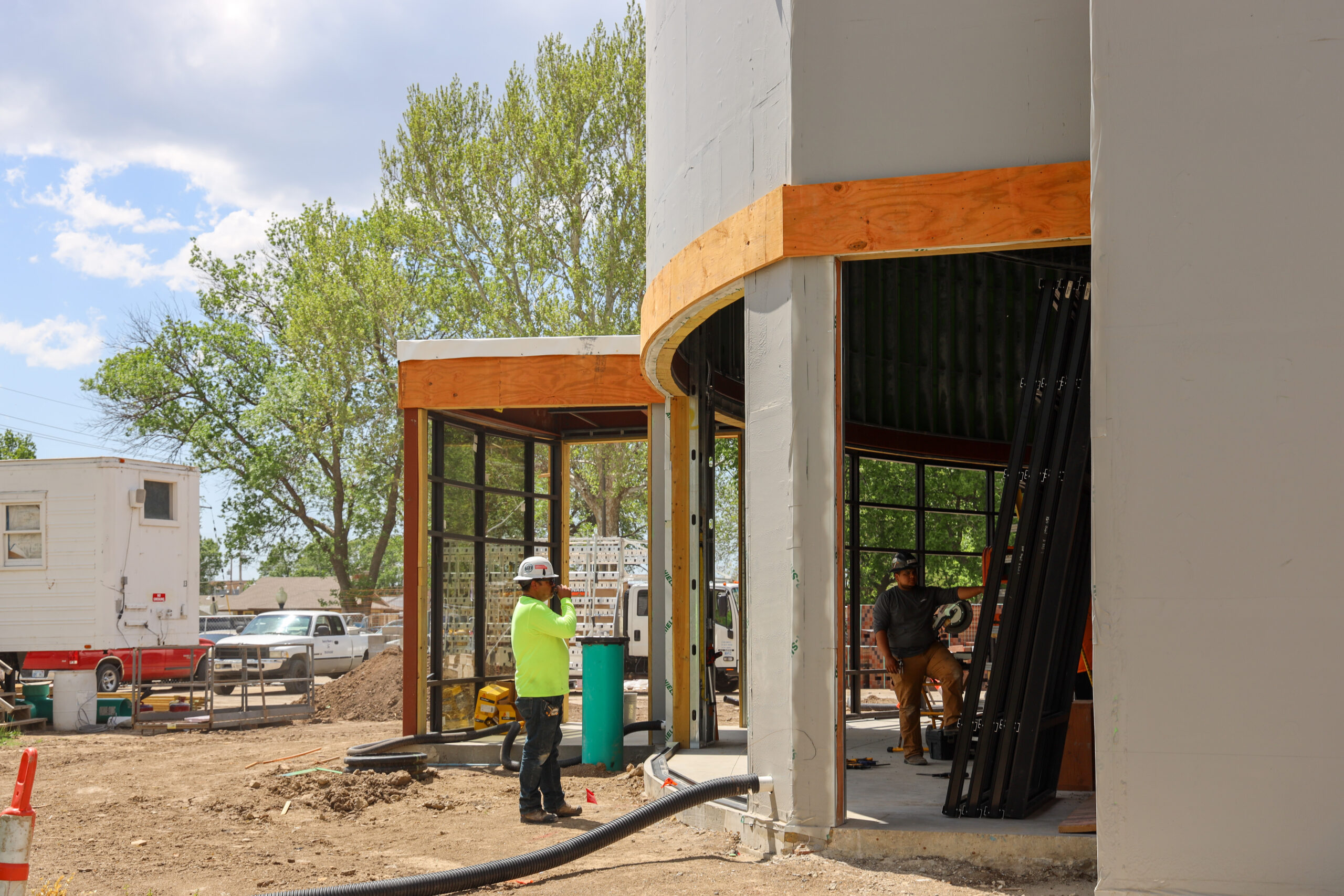 Glass being installed in front of Pioneer Hall