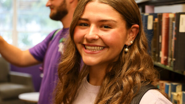 Close up of student in library