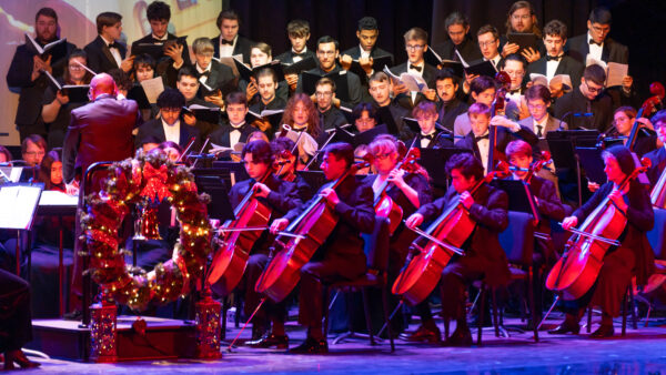 Orchestra an choir performing together