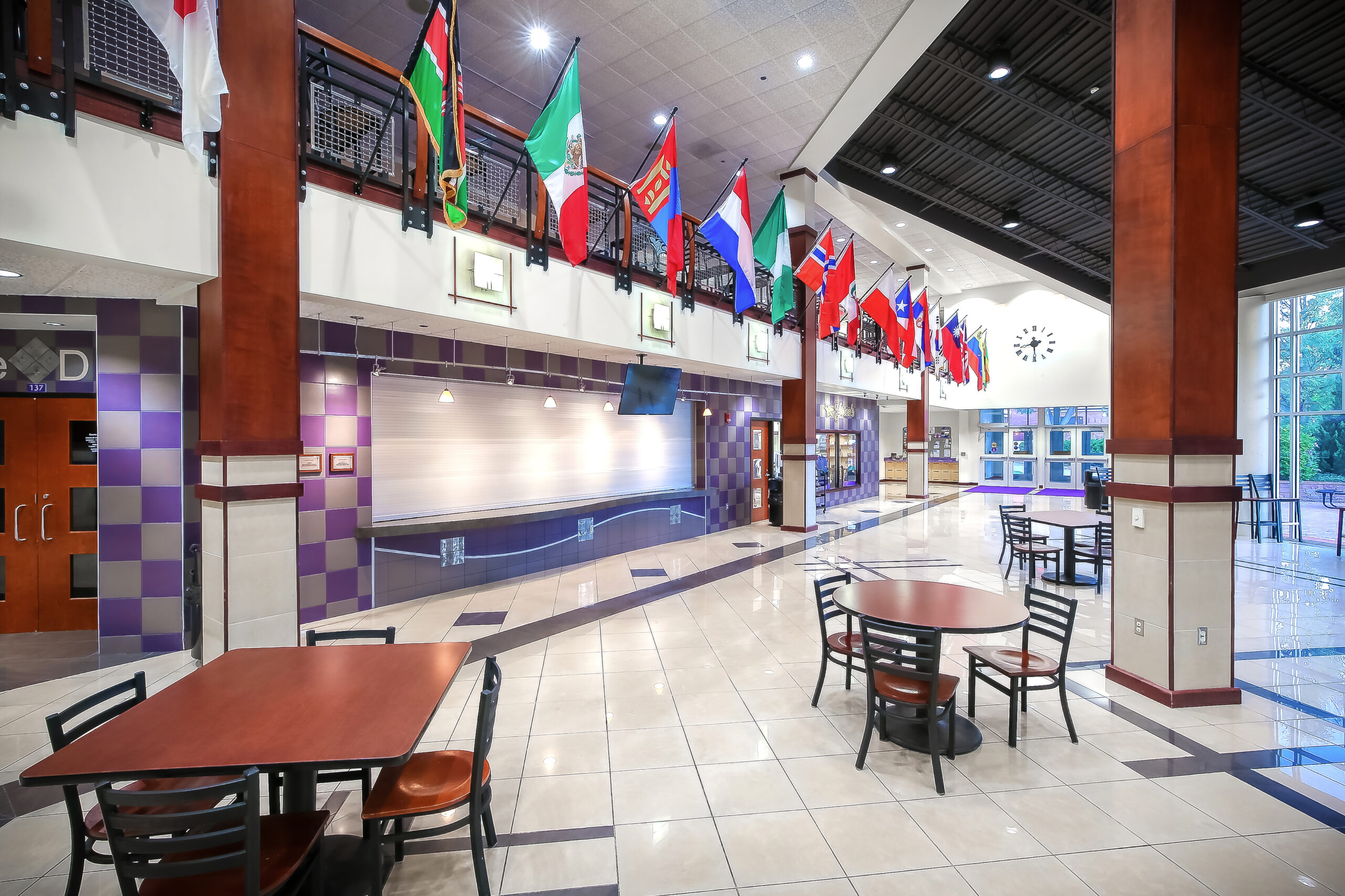 Angled view of balcony and concession stands