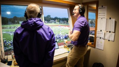 Man with headshot over football stadium