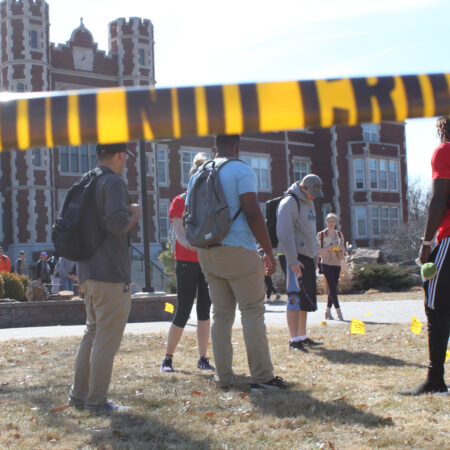 Students on campus doing a drill