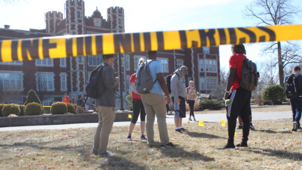 Students on campus doing a drill