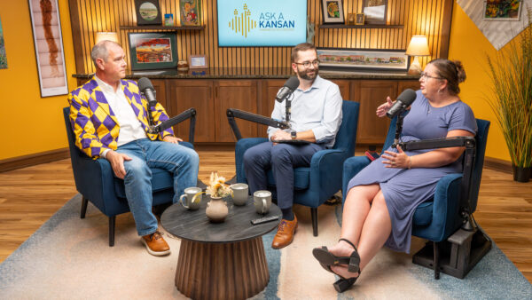 President Thompson with podcast hosts in studio