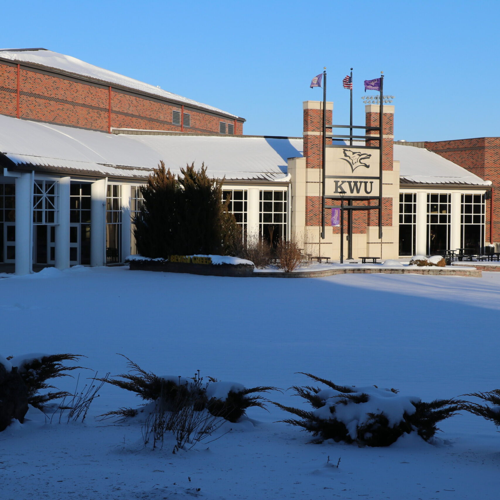 Green space in snow across campus