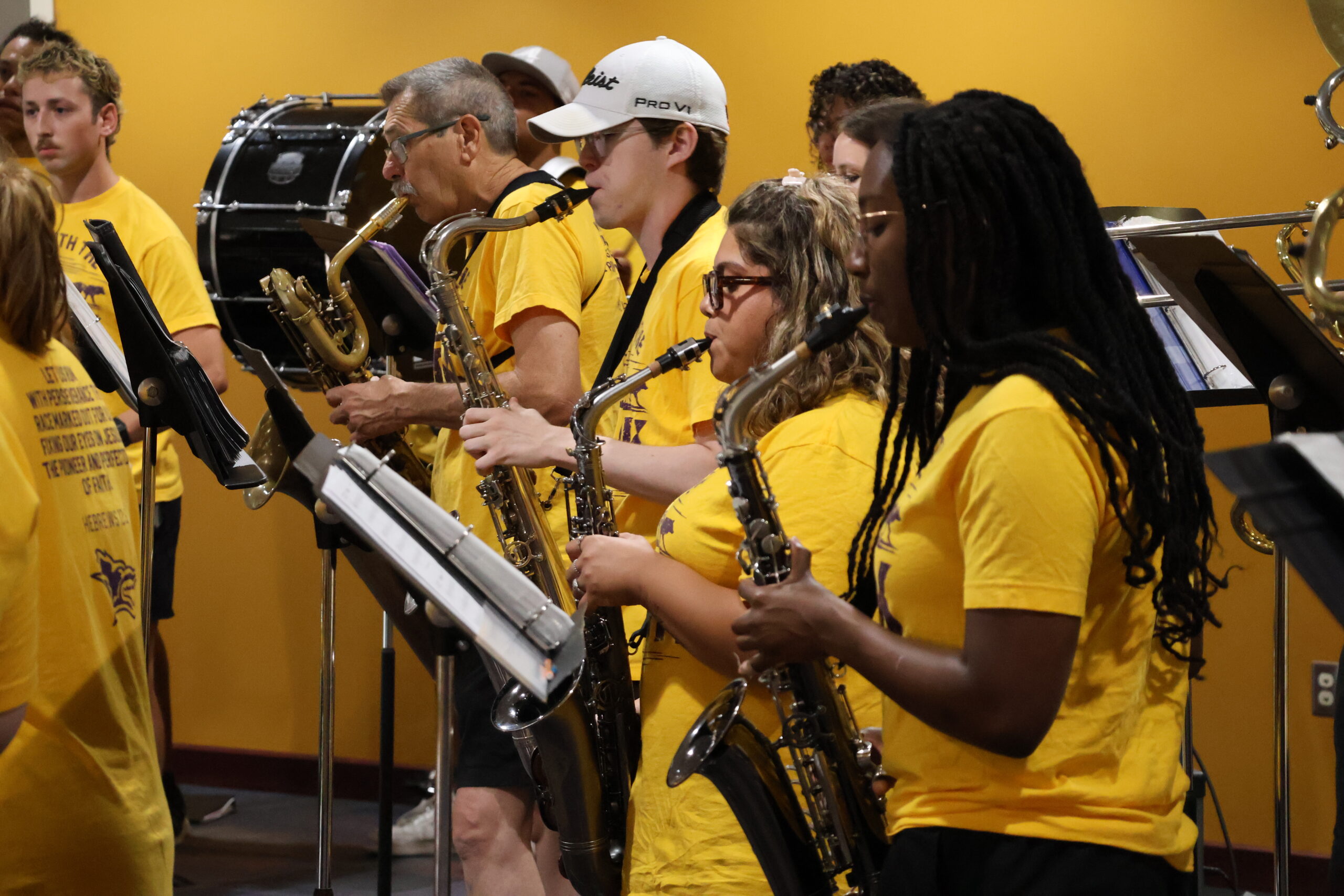 Band members playing indoors