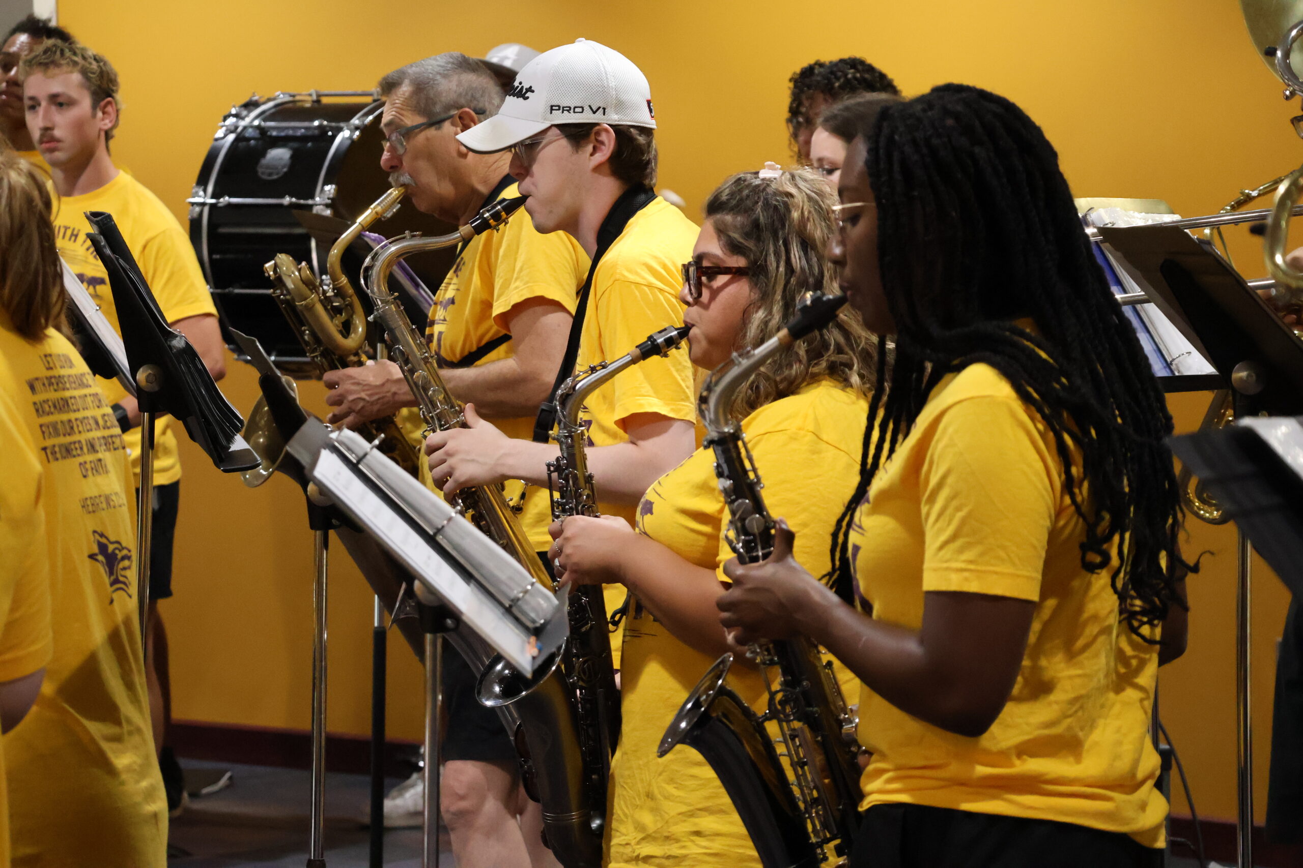 Band members playing indoors