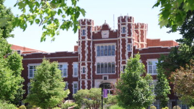 Angled shot of Pioneer Hall