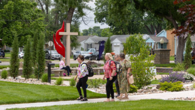 Group of people walking around outside