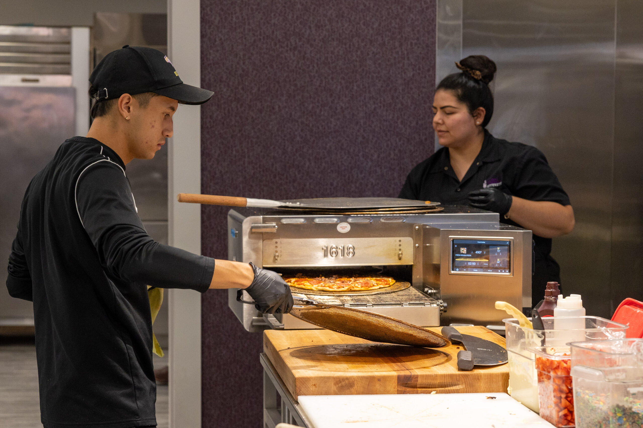 Student in line at Bieber Dining Hall