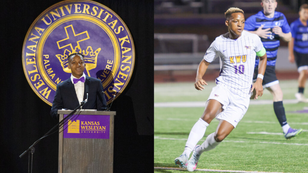 a person in a suit and a football player in a podium